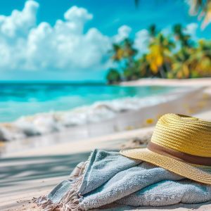 Beach,Accessories,Straw,Hat,,Towel,On,Sunny,Tropical,Caribbean,Beach